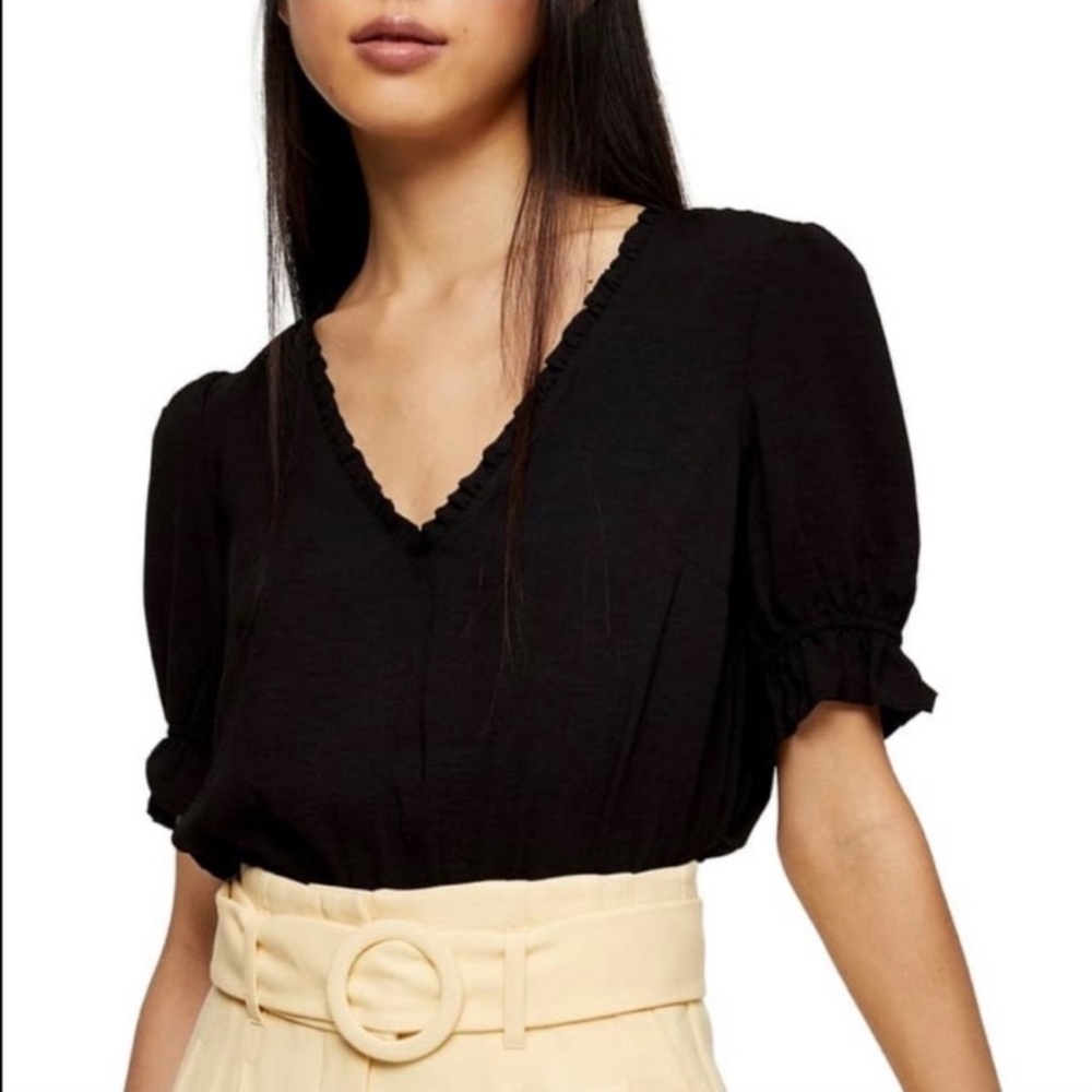 Topshop Morgan Ruffle Trim Black Short Sleeve Peplum Top Size 10